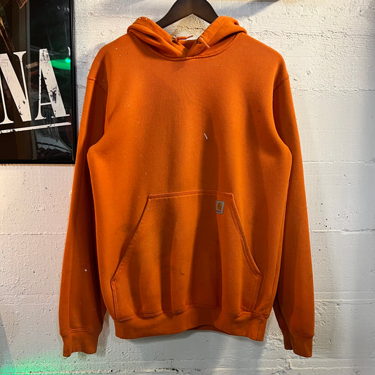 Distressed Carhartt Heavyweight Pullover Hooded Sweatshirt - Size Small - Blaze Orange