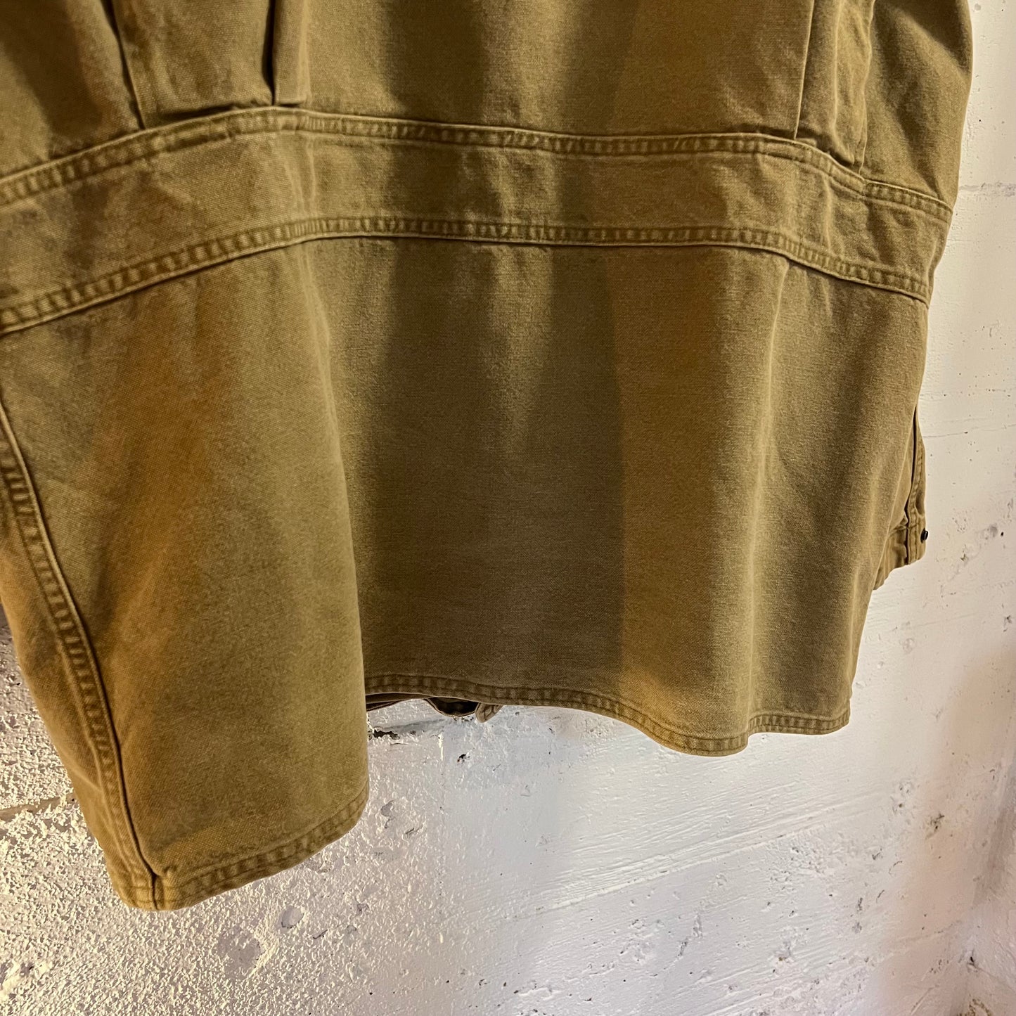 Vintage 90's Woolrich Aztec Lined Leather Collar Barn Coat - Size Large - Made In USA - Tan/Khaki