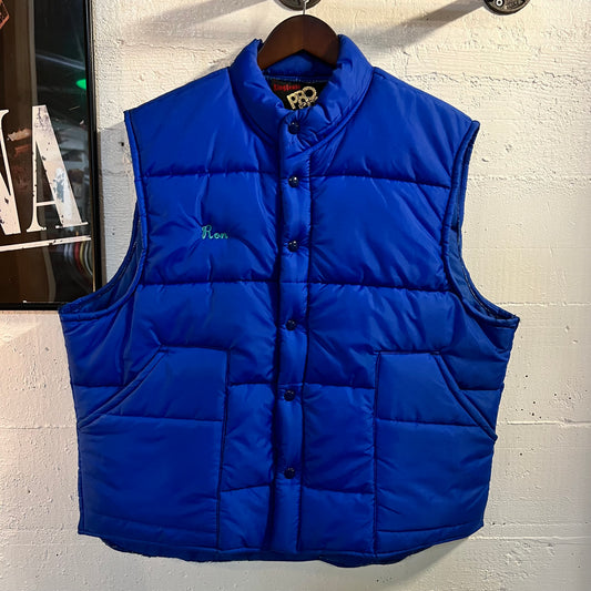 Vintage 80’s King Louie Pro Fit Embroidered Satin Bomber Snap Button Vest - Size XL - Made In USA - Blue/Multi