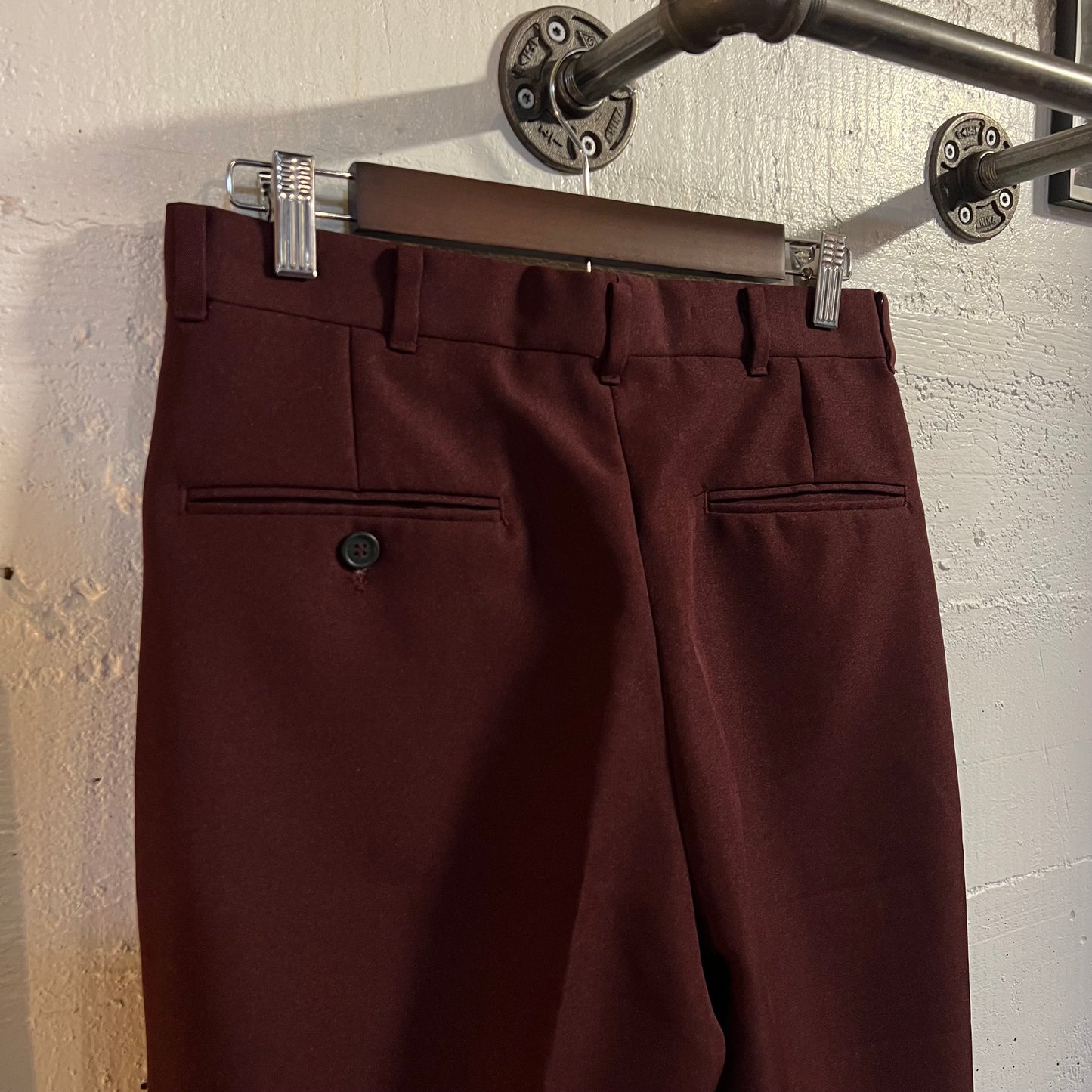 Vintage Pleated Loose Fit Straight Leg Dacron Unhemmed Trousers - Size 30" - Maroon