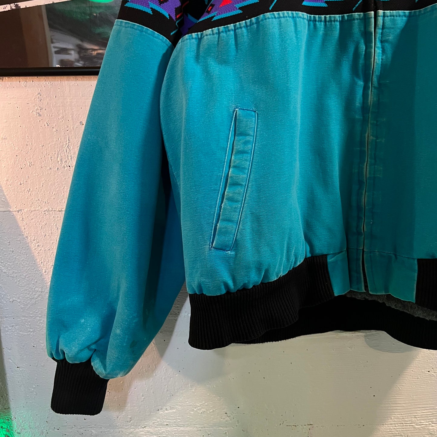 Vintage David James Aztec Blanket Lined Canvas Bomber Jacket - Size Large - Made In USA - Turquoise/Black