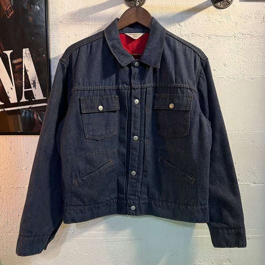 Vintage 1960's JCPenney Ranchcraft Quilt Lined 'Oregon Argonauts' Denim Jacket - Size M/L - Dark Raw Indigo/Red