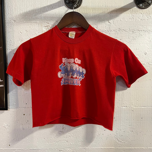 Vintage 80’s Velva Sheen ‘Keep On Smurfin’ Single Stitch Cropped Baby Tee - Size Youth Large - Made In USA - Red
