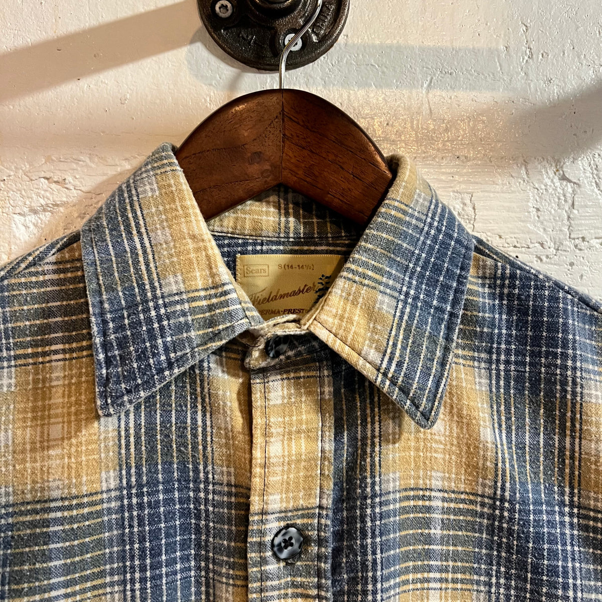 True Vintage 1970's Fieldmaster By Sears Perma-Prest Shadow Plaid Button Up Flannel Shirt - Size Small - Made In USA - Blue/Tan/White