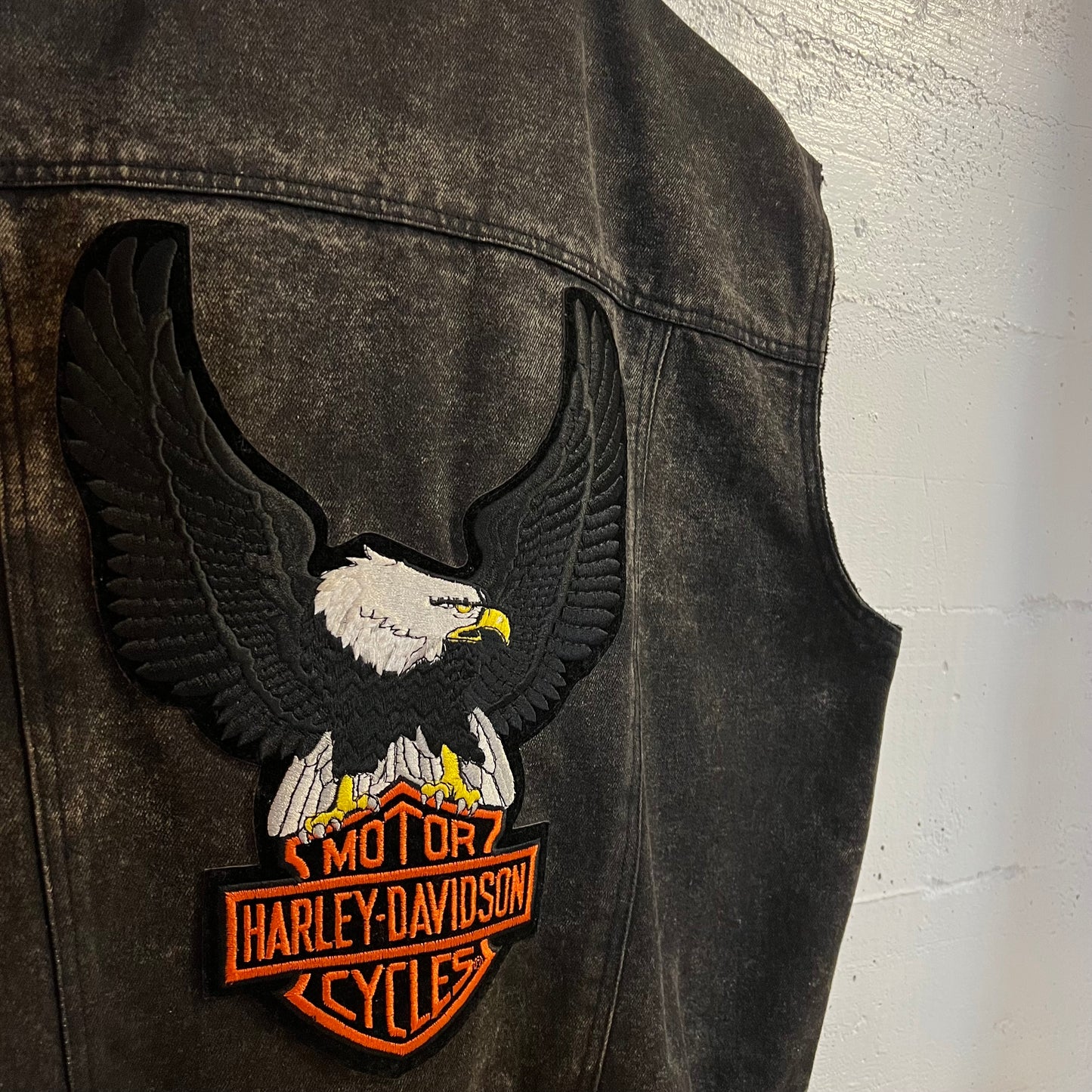 Vintage Harley Davidson Black Denim & Leather Eagle Patch Vest - Size L/XL - Black