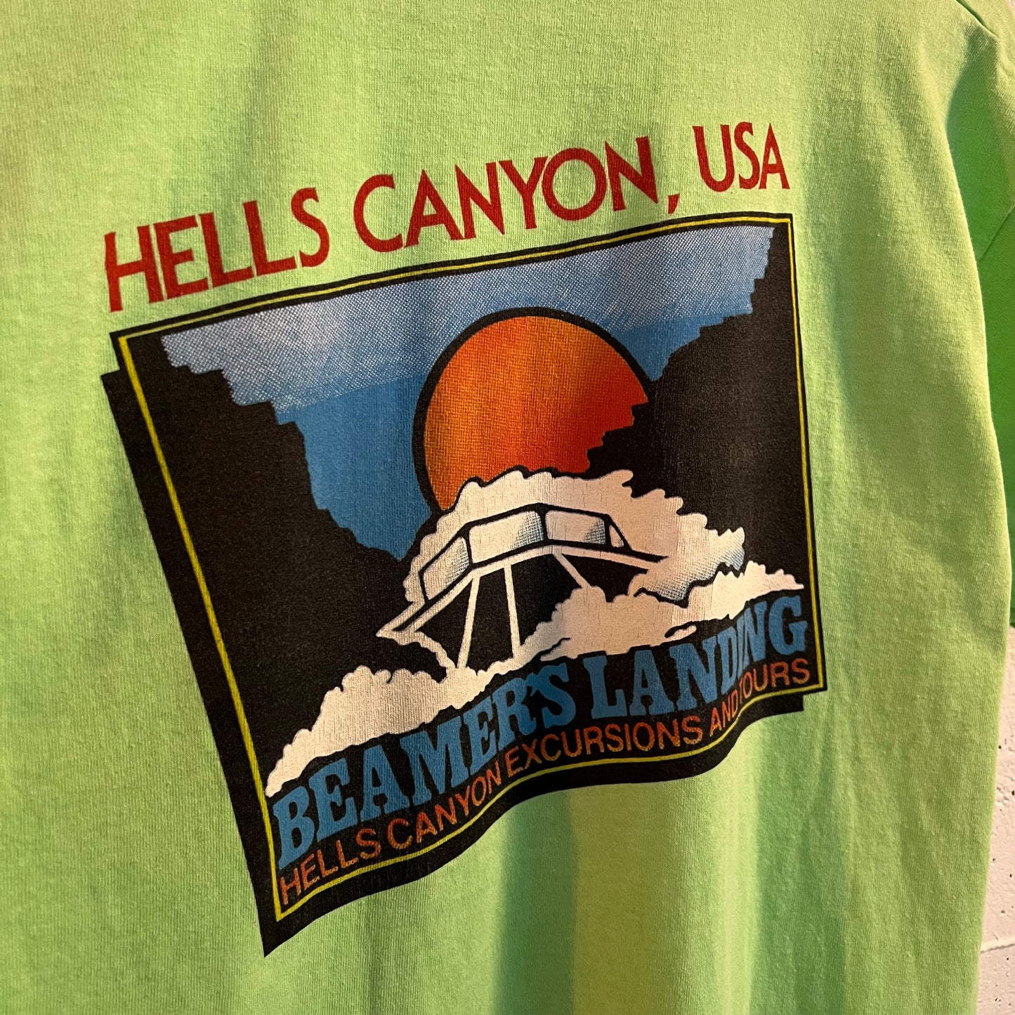 Vintage 90's Hells Canyon Jet Boat T-Shirt - Size Large - Made In USA - Single Stitch - Neon Green