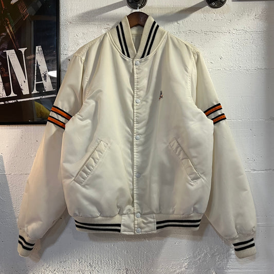 Vintage Satin Varsity Bomber Jacket - Size Medium - White/Black/Orange