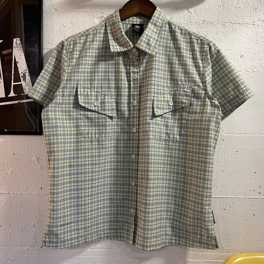 Vintage 2000's Nike ACG 'All Conditions Gear' Nylon Blend Short Sleeve Button Up Hiking Shirt - Size Large - Yellow/Blue