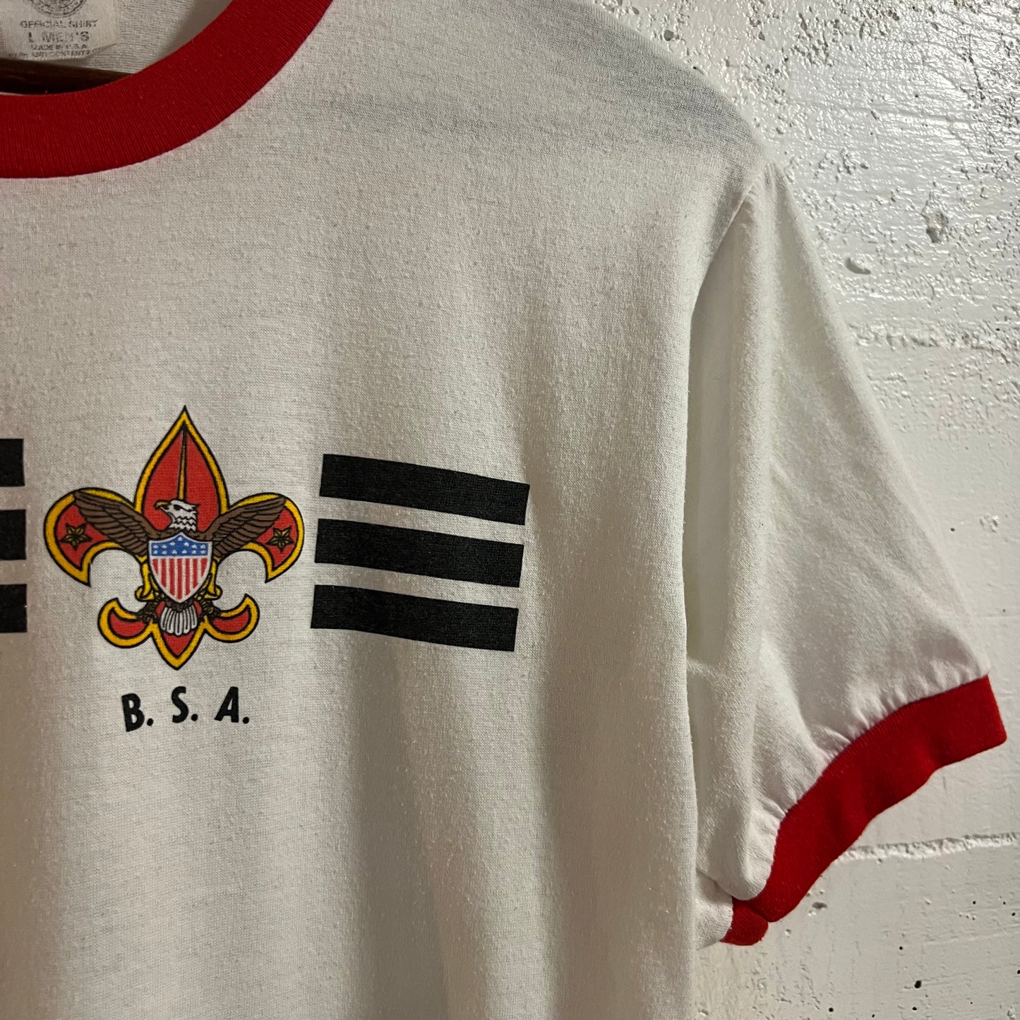 Vintage 80’s Boy Scouts Of America Ringer Single Stitch T-Shirt - Size Large Men’s - Made In USA - White/Red/Black