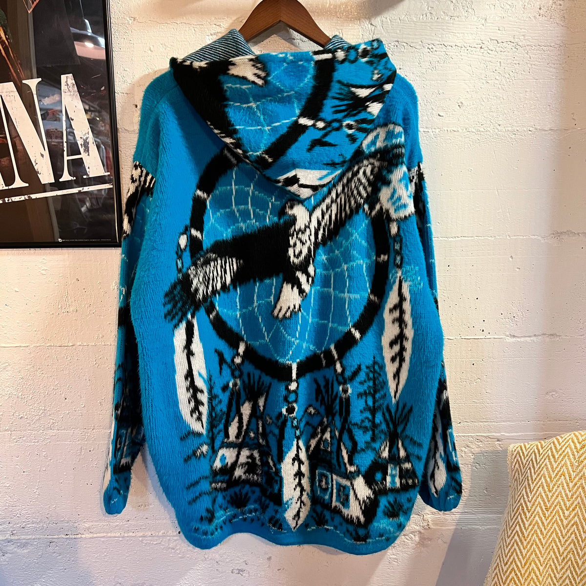 Vintage Native Dreamcatcher Fuzzy Zip Up Fleece Sweatshirt - Size XL - Blue/Multi