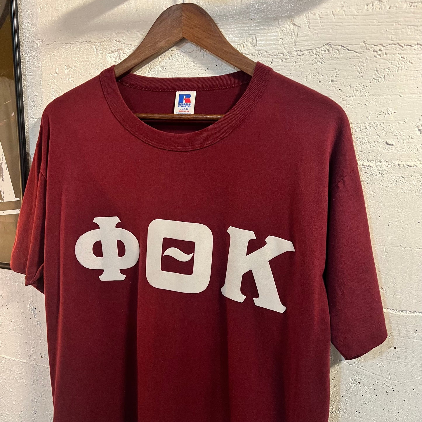 Vintage 80's Russell Athletic Felt 'Phi Theta Kappa' Graphic T-Shirt - Size Large - Made In USA - Maroon/White