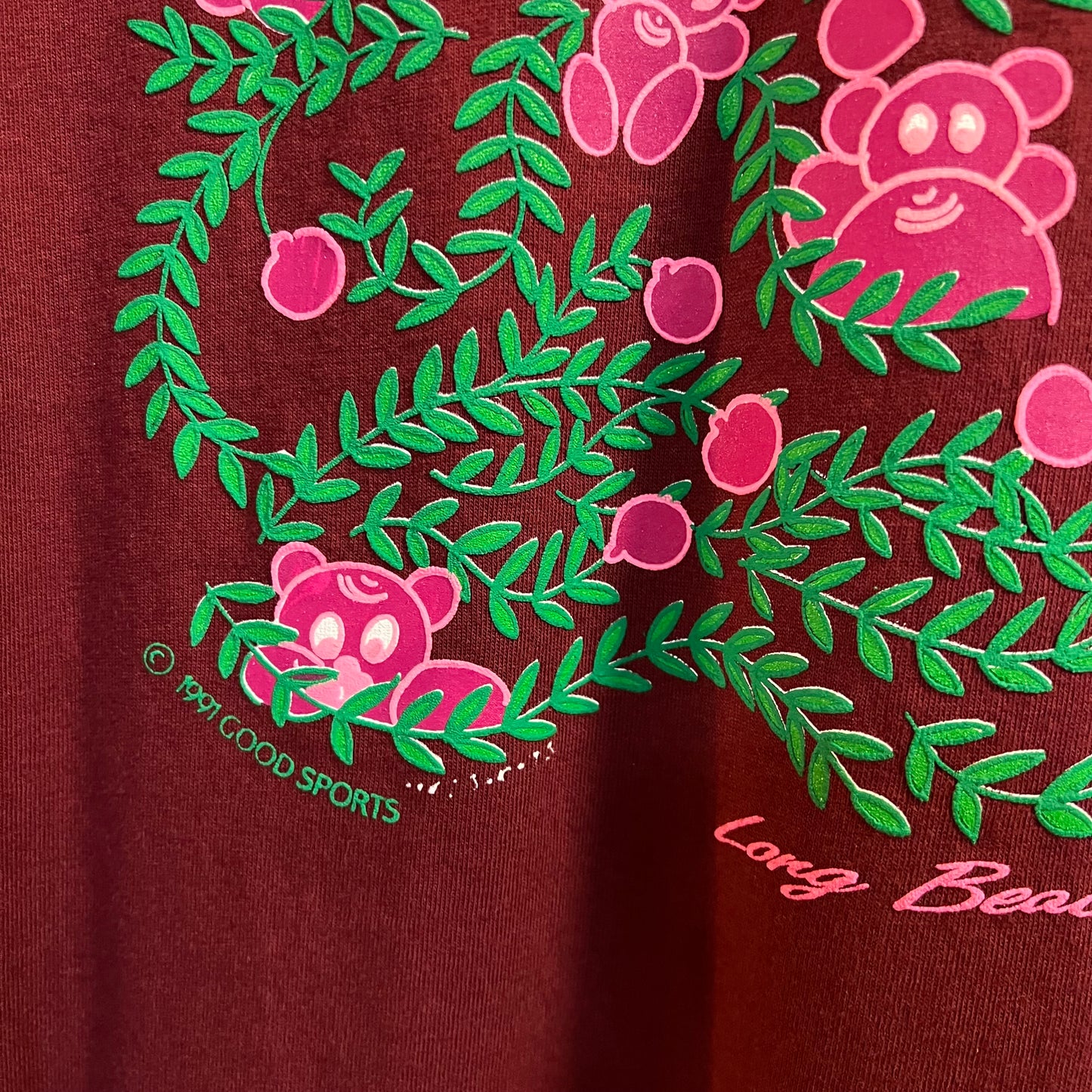 Vintage 1991 Long Beach Peninsula ‘Cranbeary’s’  Puff Print Graphic T-Shirt - Size XL - Made In USA - Maroon/Green/Pink