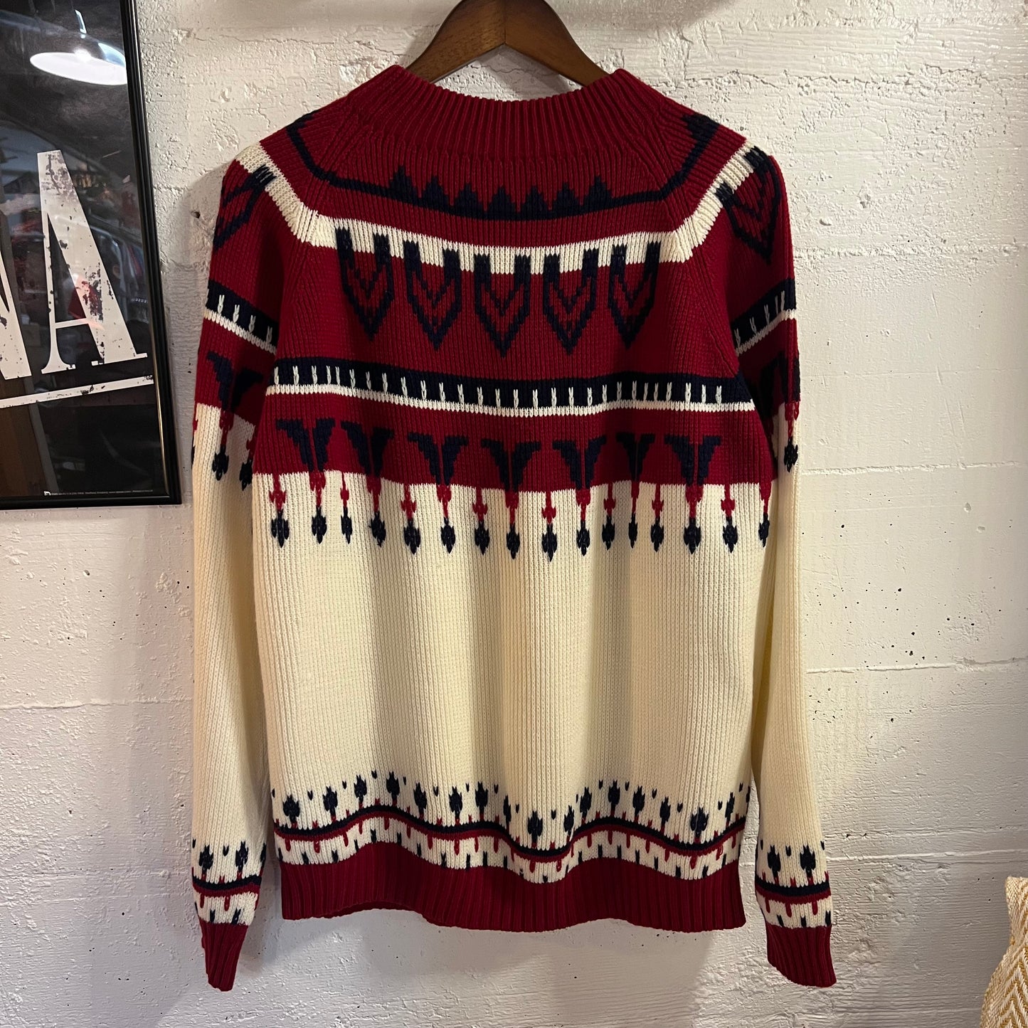 Vintage 70’s JCPenney Fair Isle Geometric Patterned Knit Raglan Sweater - Size Large - Maroon/Navy/White