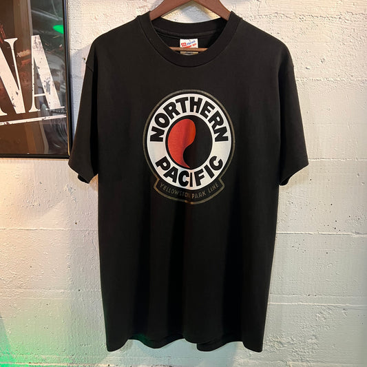 Vintage Northern Pacific Yellowstone Park Line Single Stitch T-Shirt - Size Large - Made In USA - Black/Multicolor/Sparkly Gold