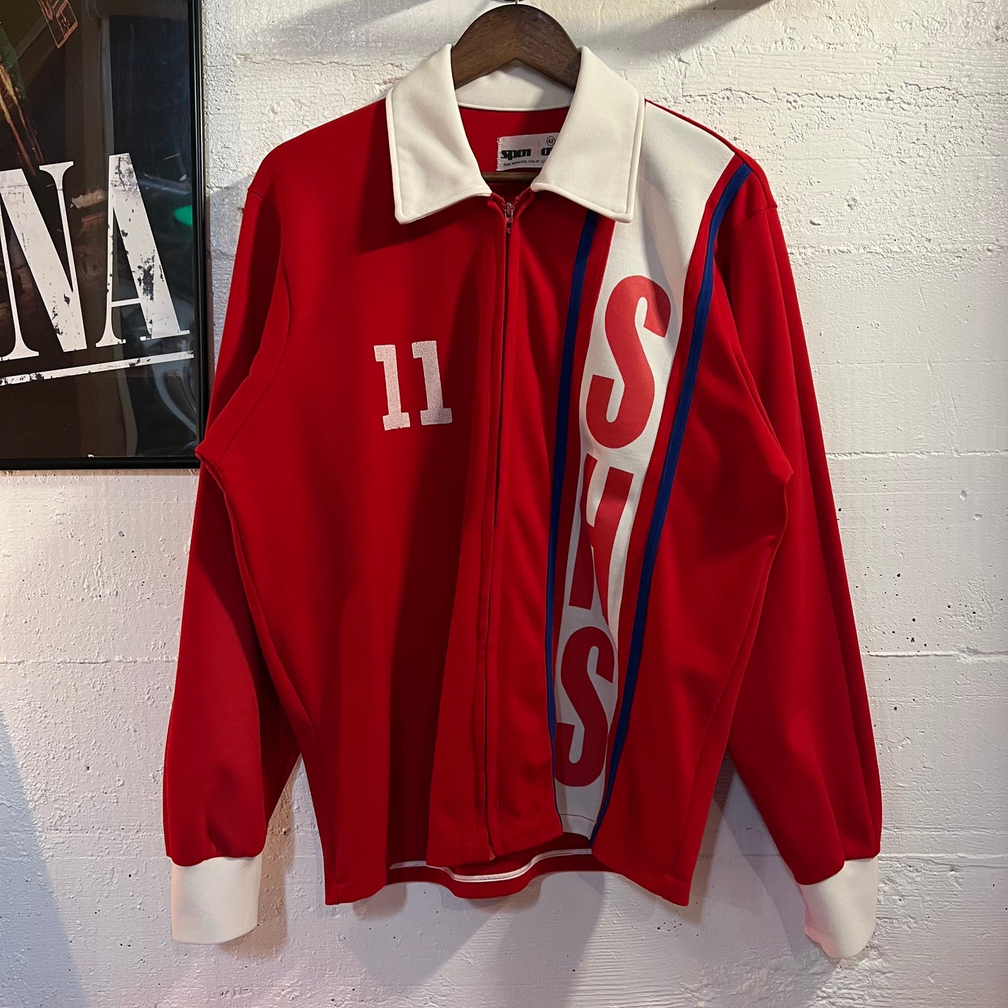 Vintage 60’s/70’s Spanjian SHS ‘#11’ Long Horn Athletic Windbreaker Zip Up Jacket - Size Large - Made In USA - Red/White/Blue