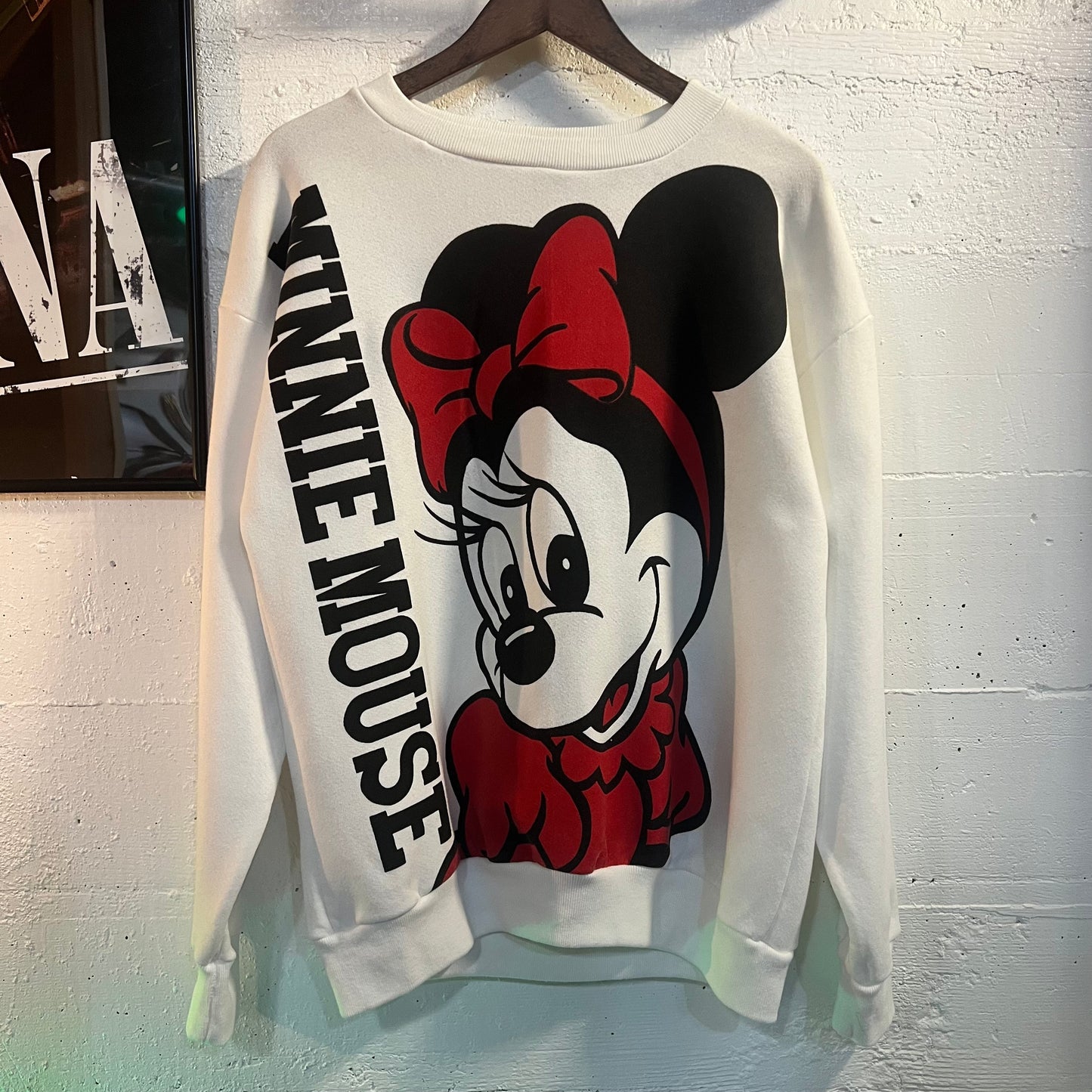 Vintage 80’s Disney Large Print Minnie Mouse Crewneck Sweatshirt - Size Medium - Made In USA - White/Black/Red