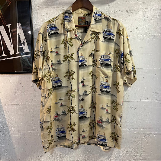 Vintage 90’s Pineapple Connection Hawaiian Car Aloha Short Sleeve Button Up Rayon Shirt - Size Medium - Tan/Multicolor