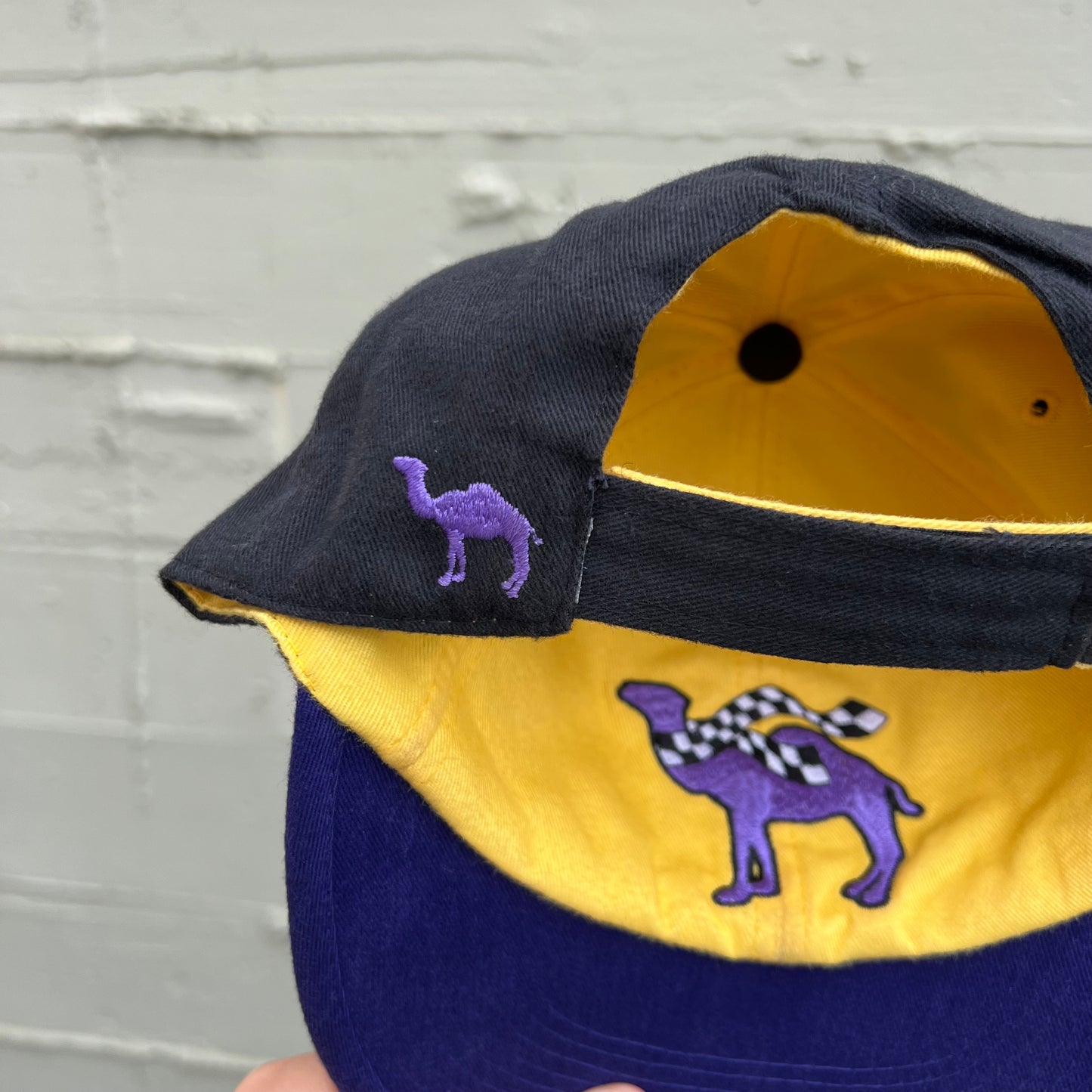 Vintage 90's Smokin Joe Camel Racing Reversible Strapback Hat - O/S - Black/Purple/Yellow
