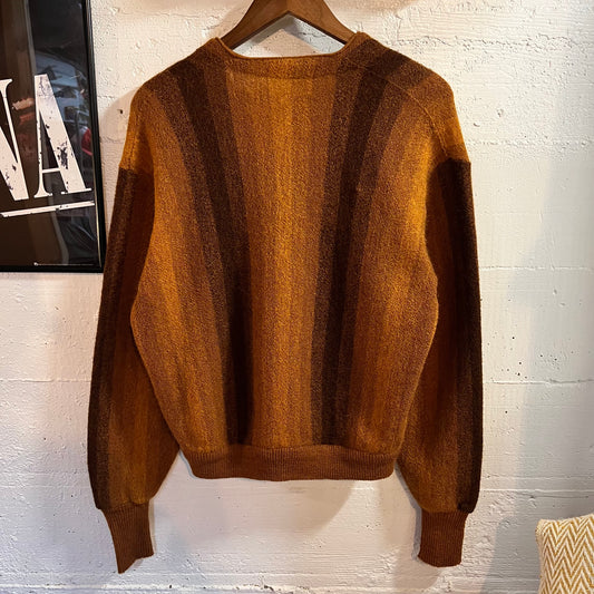 True Vintage Unbranded Wool Mohair Style Vertical Striped Cardigan Sweater - Size Medium/Large - Ombré Mustard Yellow/Brown