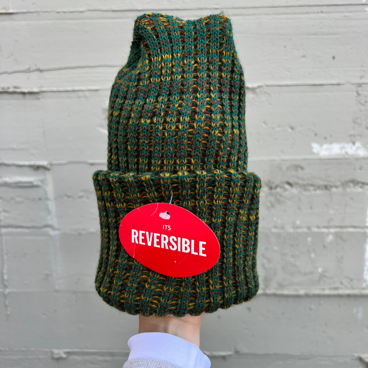 True Vintage Deadstock 1970's Marled Yarn Knit Reversible Stocking Cap Beanie - O/S - Forest Green/ Blaze Orange