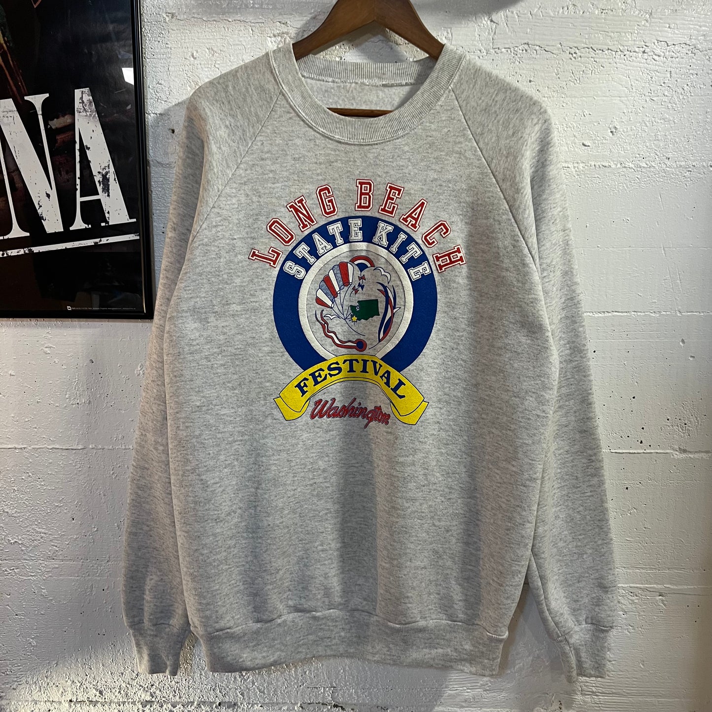 Vintage 90's Long Beach Washington State Kite Festival Raglan Sleeve Crewneck Sweatshirt -  Size XL - Ash Heather Grey