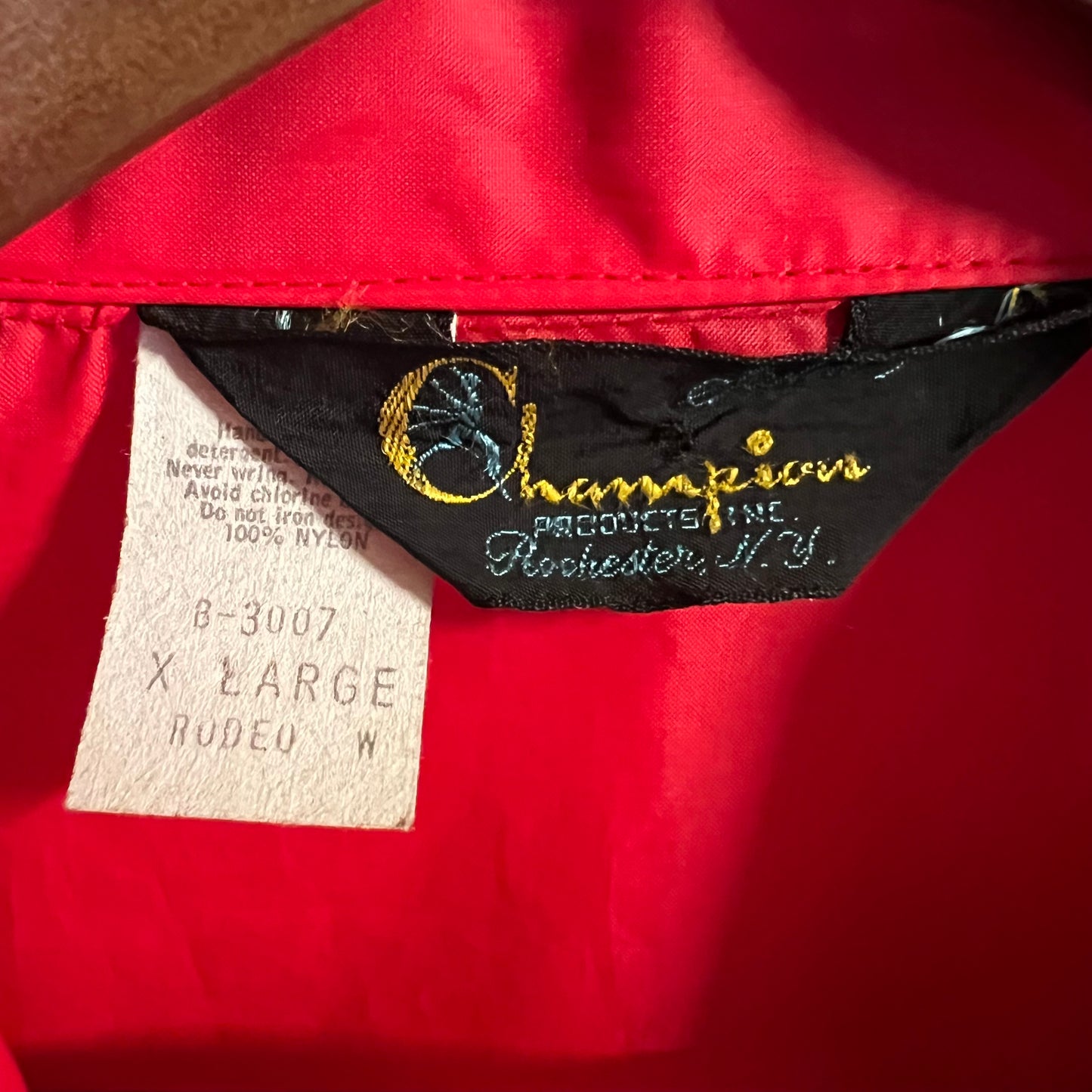 True Vintage 60's Champion Running Man Rodeo Style Button Snap Nylon Jacket - Size XL - Made In USA - Red/White