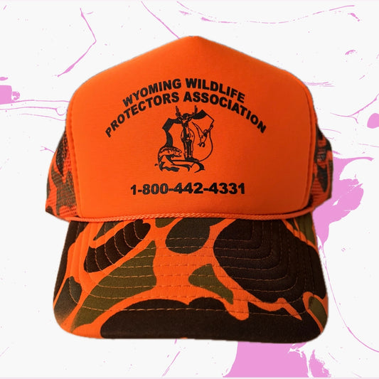 Vintage Wyoming Wildlife Duck Camo Hunter Mesh Trucker Hat - OSFM - Orange/Olive/Camo