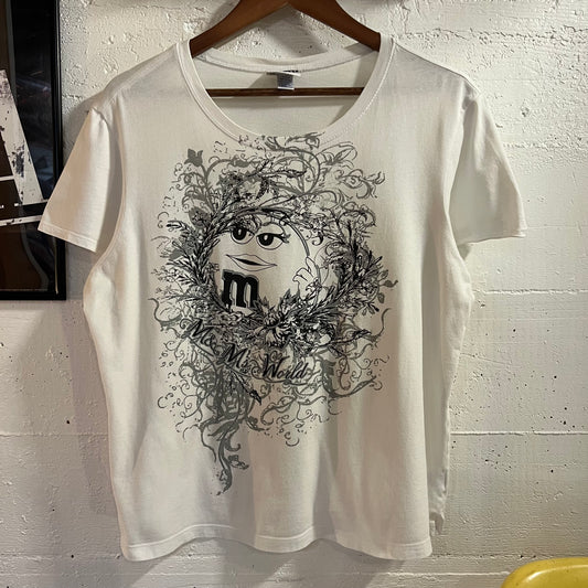Vintage 2000's Y2K M&M's World 'Green M&M' Glitter Print Baby Tee - Size 2 (Small) - White