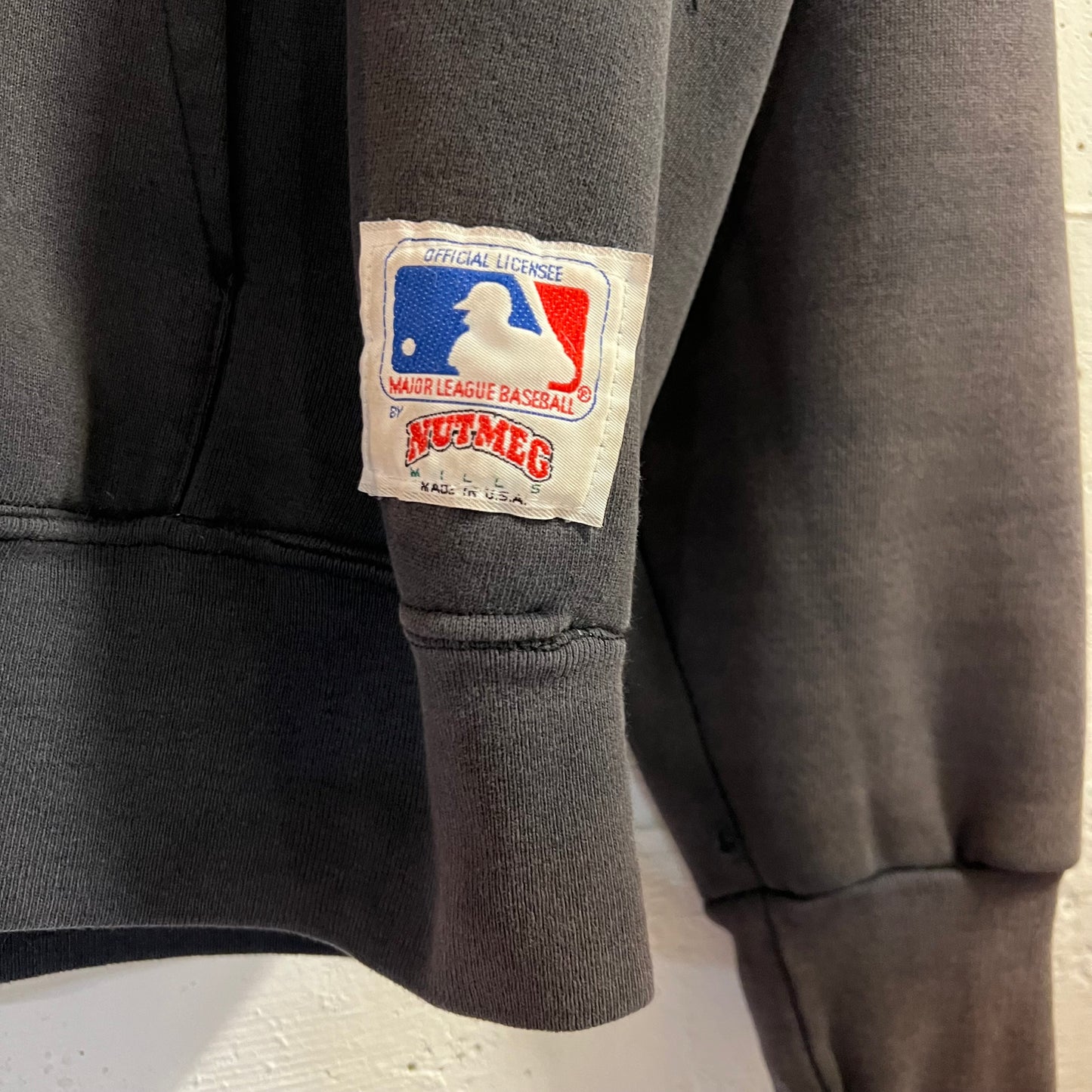 Vintage 90’s Faded Nutmeg Mills Oakland Athletic MLB Hoodie Sweatshirt - Size Large - Made In USA - Black/Green/Yellow