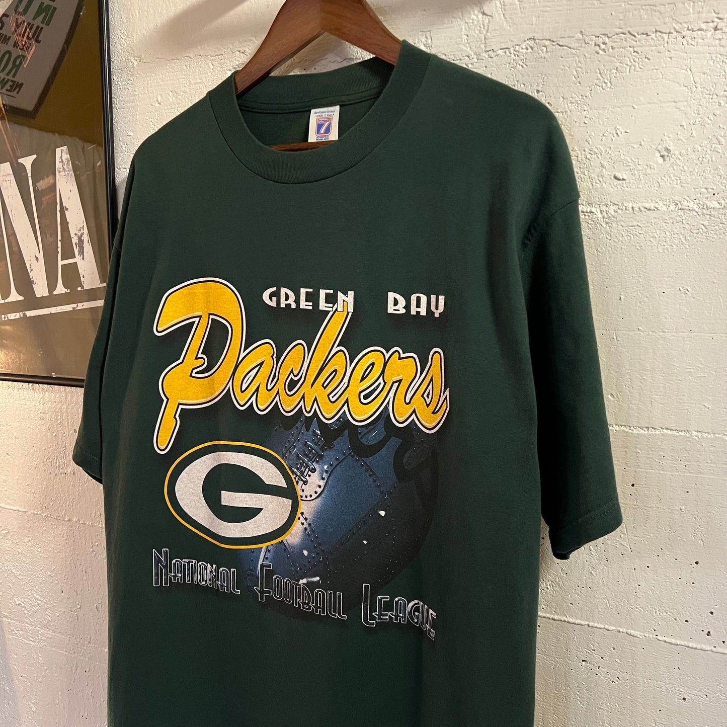 Vintage 90's Green Bay Packers NFL Big Graphic Logo 7 T-Shirt - Size XL - Green/Yellow