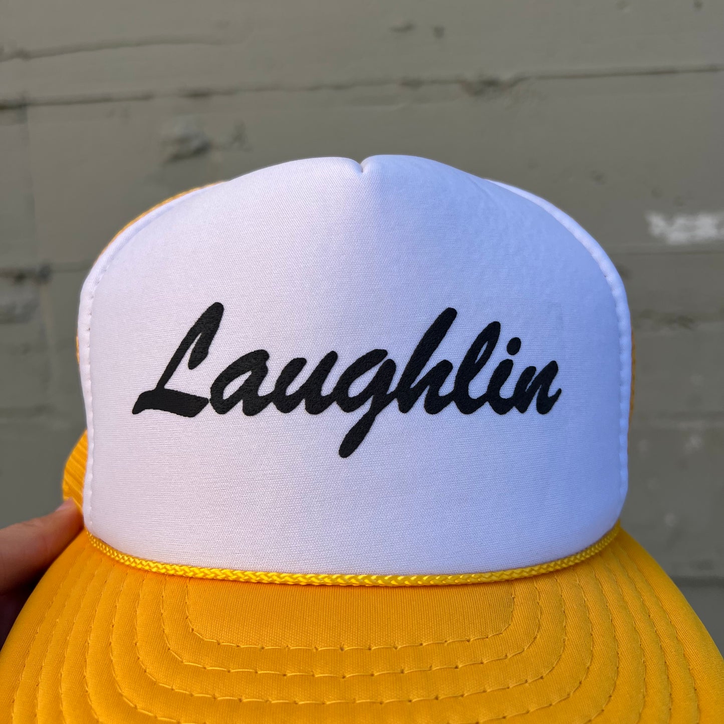 Vintage 1980's Laughlin Nevada Two Tone Mesh Back Trucker Hat - O/S - Yellow/White