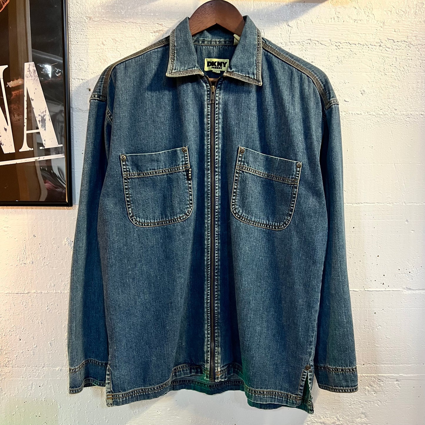 Vintage 90's DKNY Zippered Denim Shirt - Size Small - Denim/Indigo