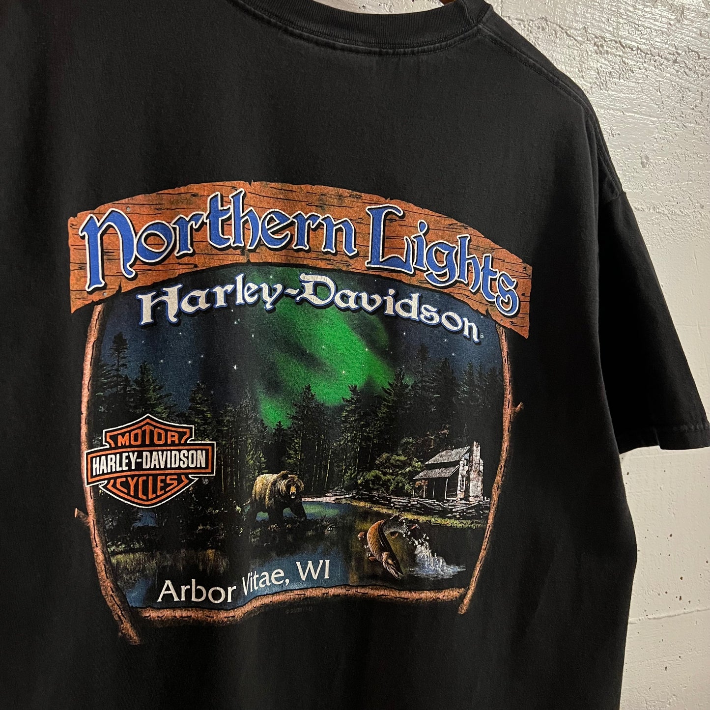 2009 Harley Davidson ‘Northern Lights’ Arbor Vitae, WI Graphic T-Shirt - Size XL - Made In USA - Black/Multi