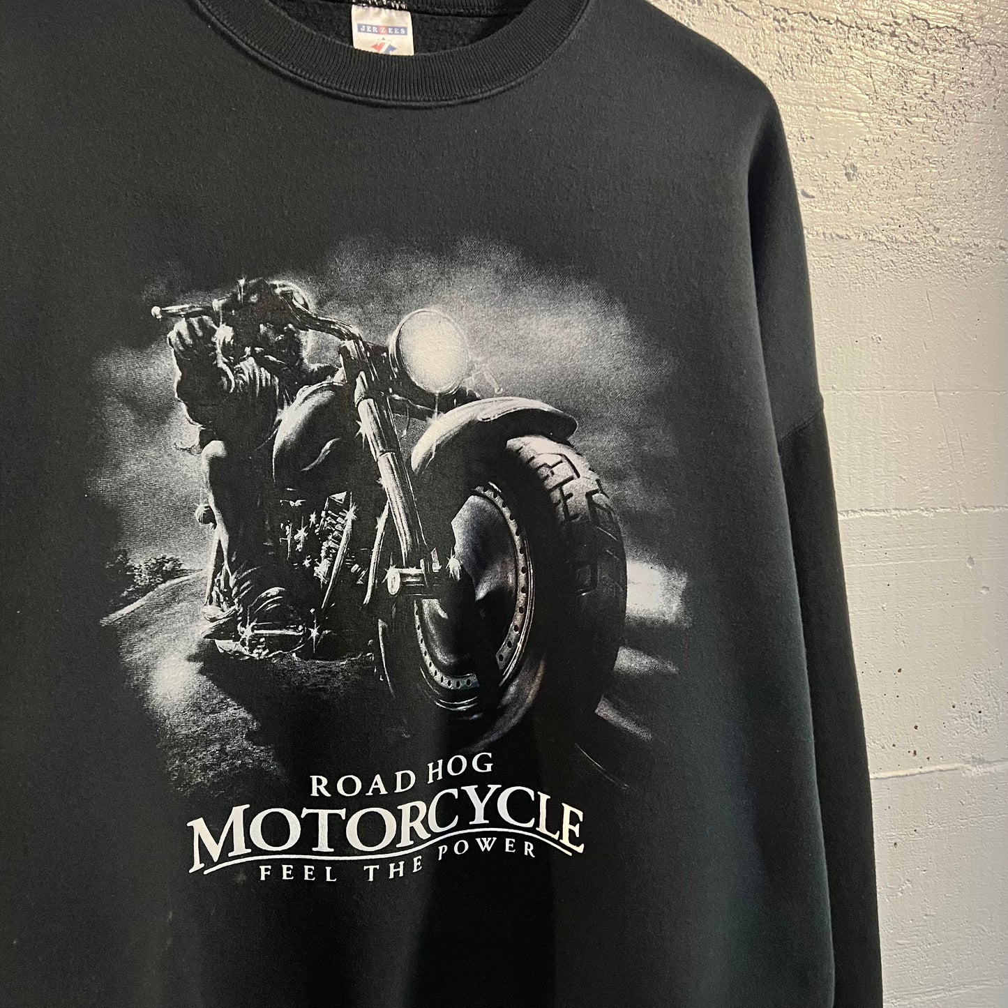 Vintage Distressed Jerzees Road Hog Motorcycle ‘Feel The Power’ Crewneck Sweatshirt - Size 2XL - Black/White