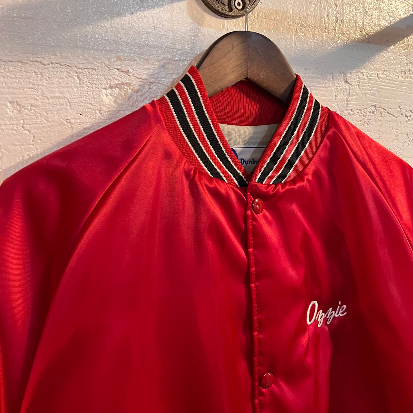 Vintage 80's Dunbrooke Pla-Jac Embroidered Satin Bomber Jacket - Size Large - Made In USA - Red/