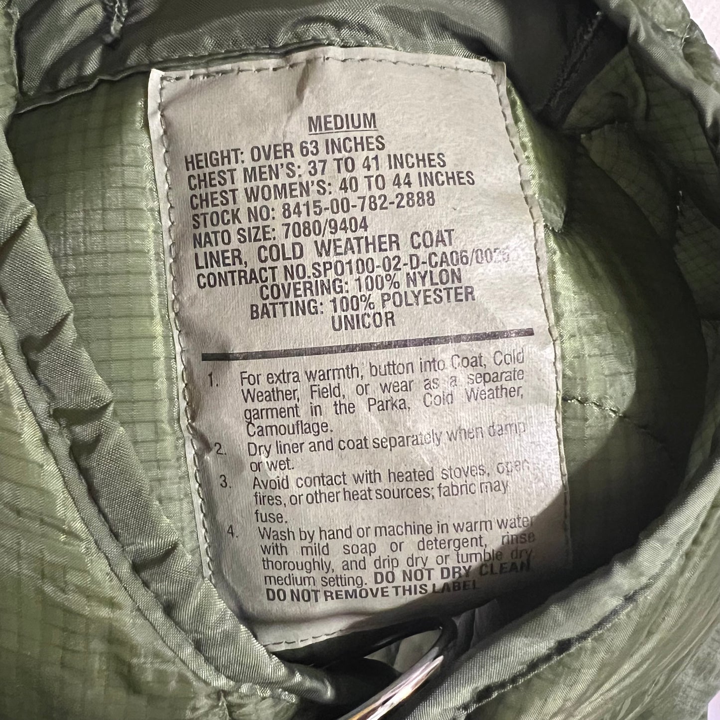 Vintage U.S. Military Issue M-65 Cold Weather Coat Liner - Medium - Made In USA - SP0100-02-D-CA06/0026