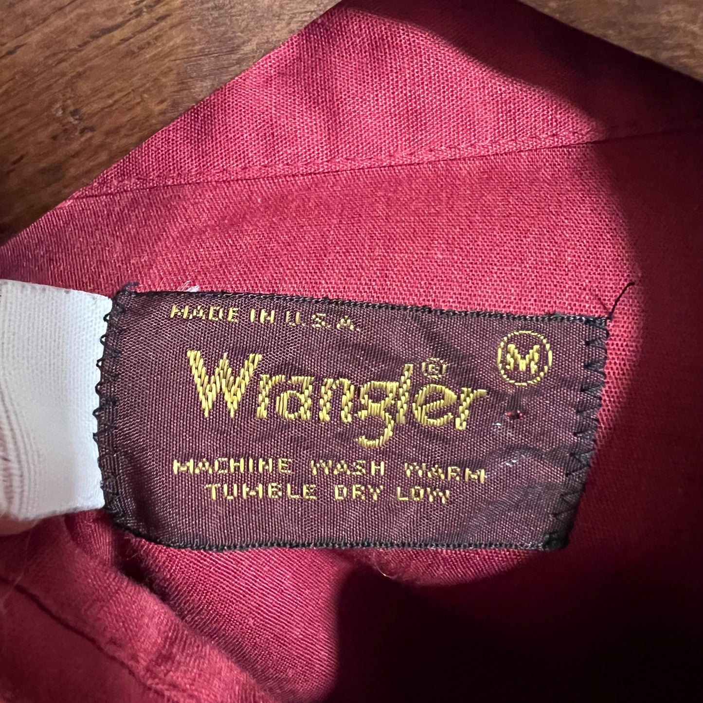 Vintage 1970's Wrangler Western Yoke Pearl Snap Western Shirt - Size Medium - Made In USA - Maroon/Silver