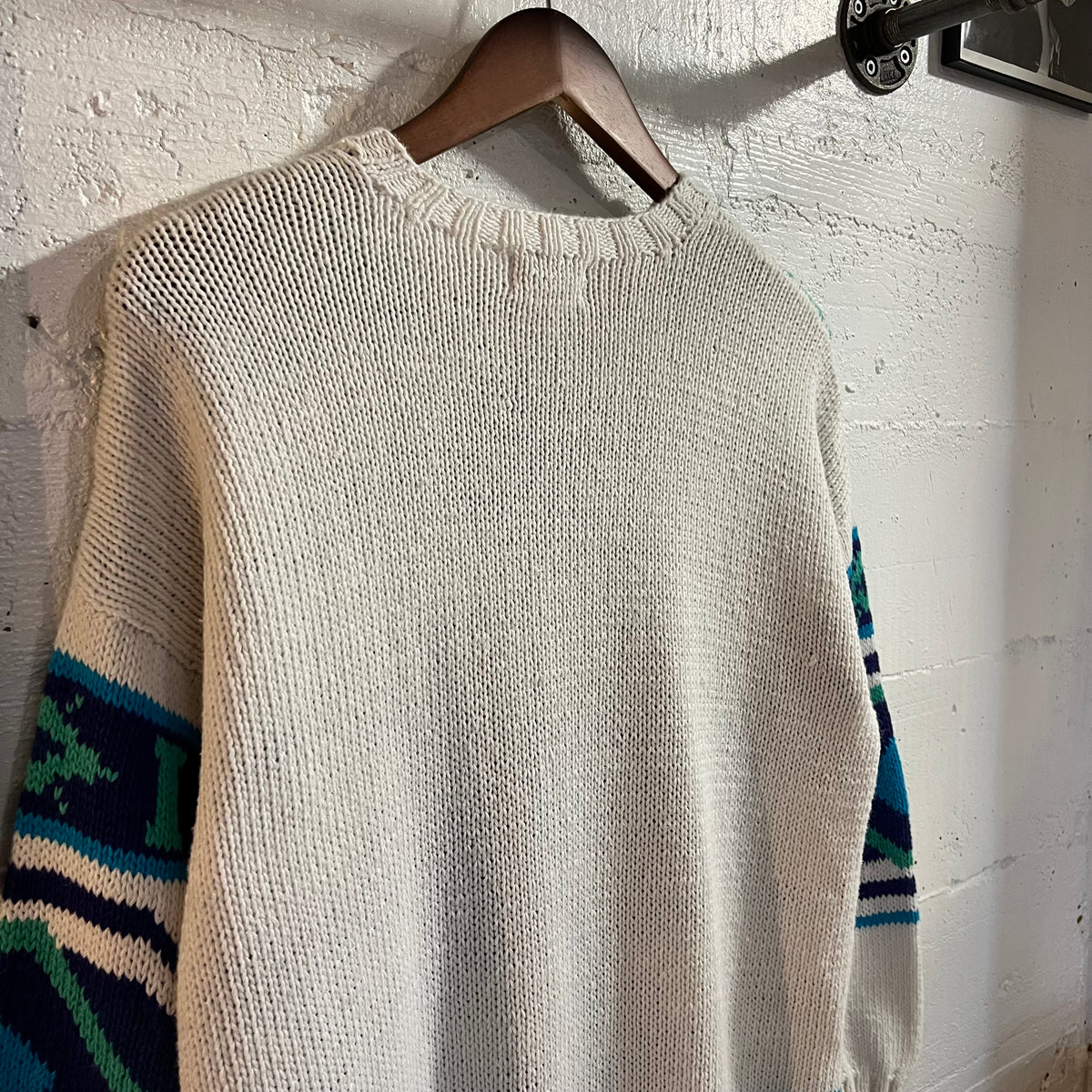 Vintage Handmade By Susann D. Southwestern Knitted Sweater - Size Small - White/Blue/Turquoise/Green