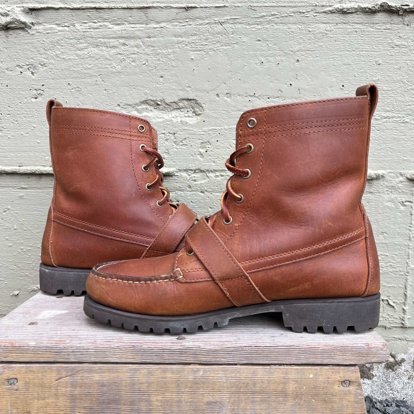 Vintage 90's Ralph Lauren Polo Country 'Ranger' Lace Up Leather Moc Toe Boots - Size 9M/10.5W - Brown Leather