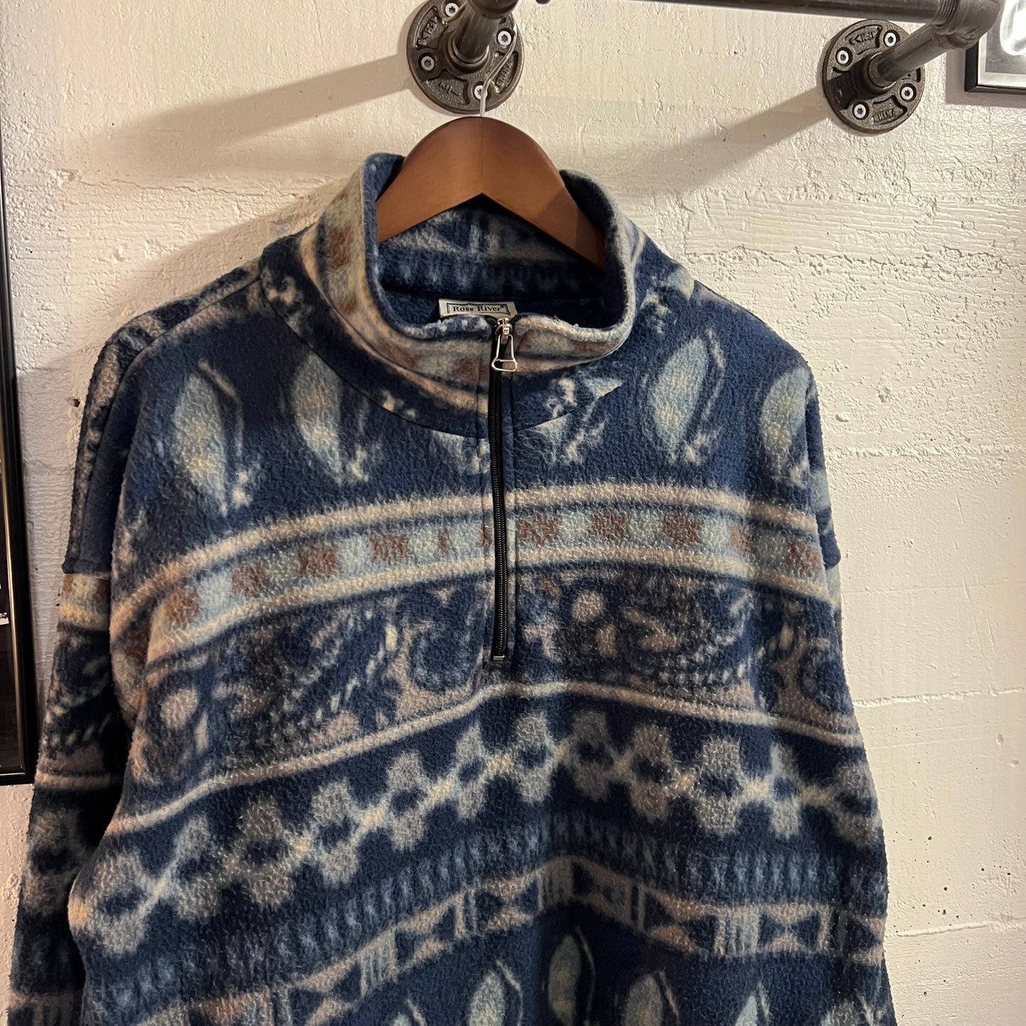 Vintage 90's Abstract All Over Pattern Half Zip Pullover Fleece Jacket - Size Medium - Blue/Navy/Gray