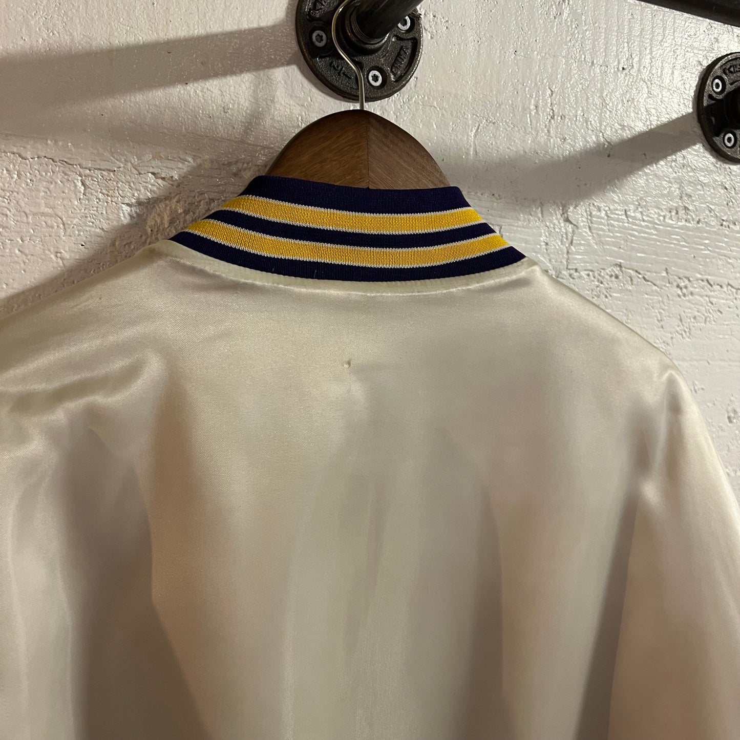 Vintage 90's Los Angeles Lakers Embroidered Swingster Satin Bomber Jacket - Size XL - Made In USA - White/Yellow/Purple