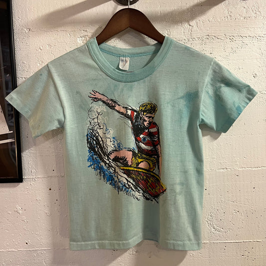Vintage Distressed 80’s Surfing Single Stitch Graphic Baby T-Shirt - Size Youth Medium - Made In USA - Baby Blue/Multi