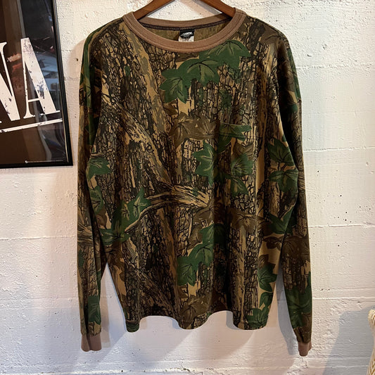 Vintage 80’s Ace Sportswear Realtree Bark Camo Long Sleeve Pocket T-Shirt - Size XXL - Made In USA - Earth Toned