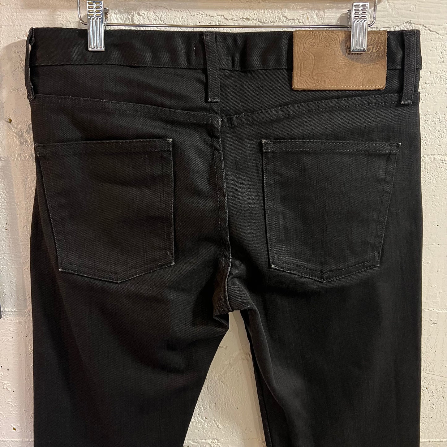 Pre-Owned Naked & Famous Denim Skinny Guy 'Black Power Stretch' Denim Jeans - Size 32" x 29" - Made In Canada - Black