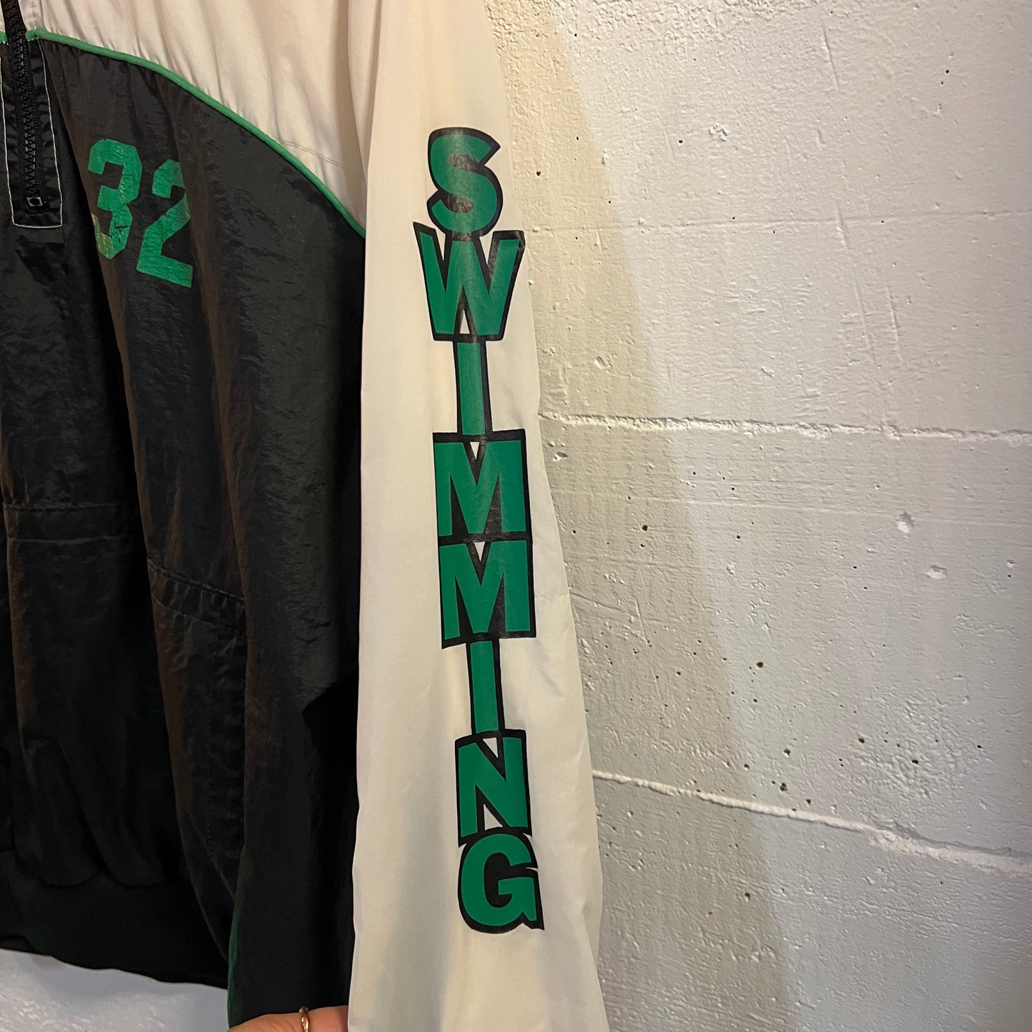 Vintage 90's Sommerfield Rainier Swimming Pullover Varsity Hooded Windbreaker Jacket - Size XXL - Made In USA - White/Green/Black