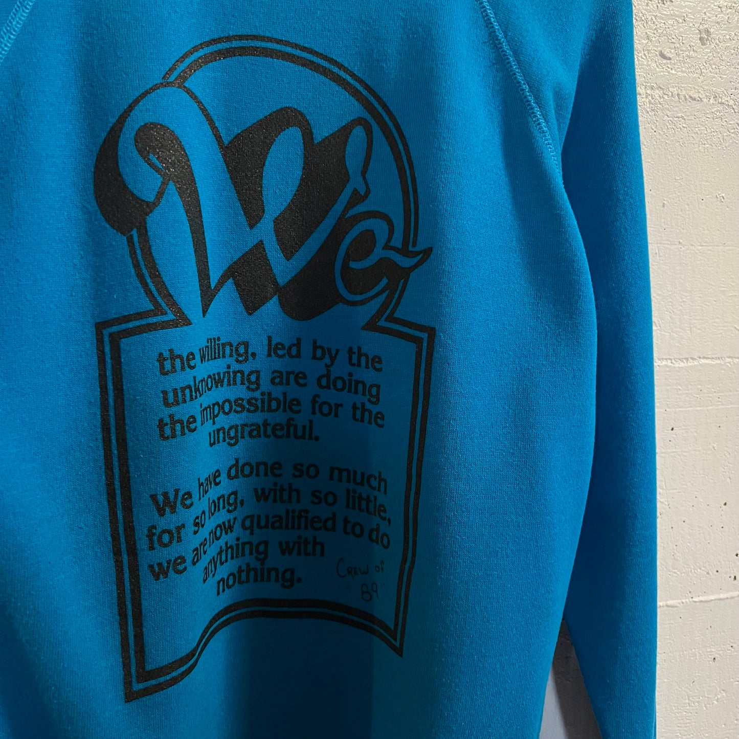Vintage 80’s ‘Crew Of 89’ Raglan Sleeve Crewneck Sweatshirt - Size Medium - Made In USA - Turquoise/Black