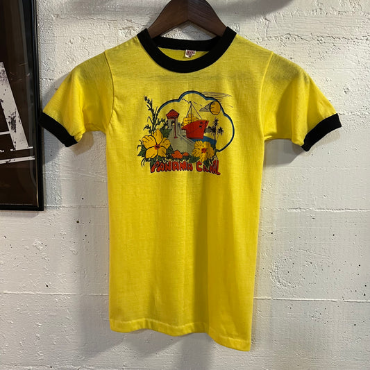 Vintage 60’s B.V.D. Panama Canal Ringer Single Stitch Baby T-Shirt - Size Youth XL (16) - Made In USA - Yellow/Black/Multi