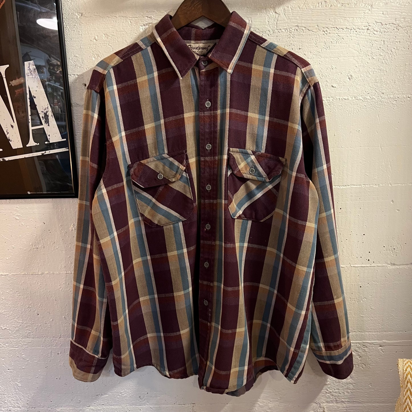 Vintage 80’s Frostproof Plaid Cotton Flannel Shirt - Size XL - Made In USA - Purple/Blue/Tan/White