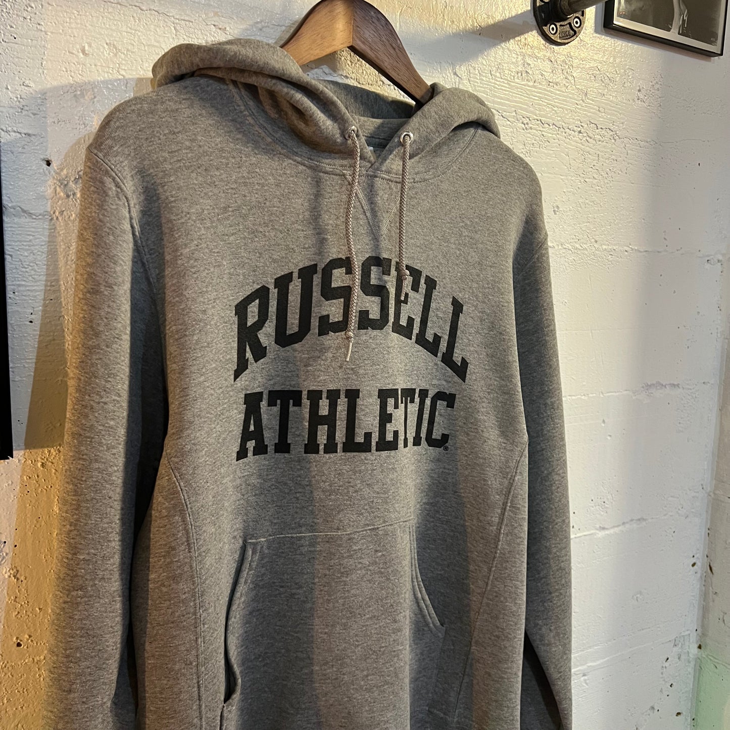 Vintage Russell Athletic Hooded Sweatshirt - Size Medium - Heather Grey/Black