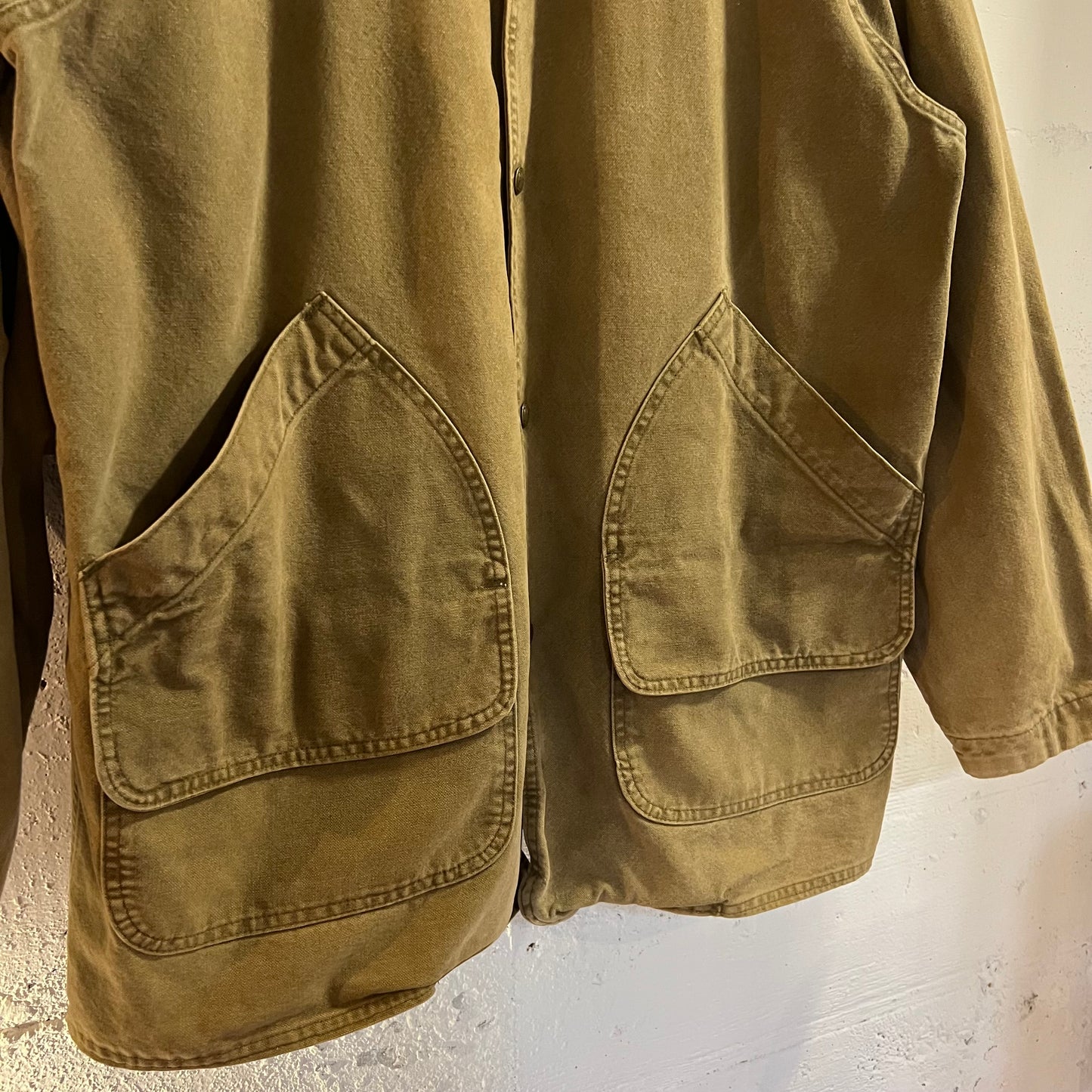 Vintage 90's Woolrich Aztec Lined Leather Collar Barn Coat - Size Large - Made In USA - Tan/Khaki